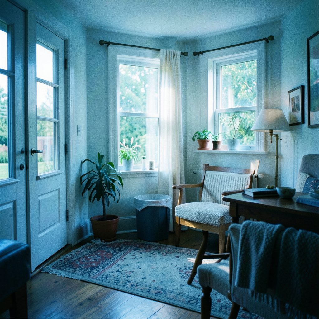 A softly lit community room with chairs arranged in a circle, warm amber and deep brown tones, quiet and welcoming atmosphere